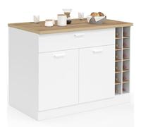 IDMarket - Ilot Central George 120 cm | Avec range-bouteilles placard et tiroir coloris bois blanc avec plan de travail façon hêtre