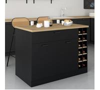IDMARKET Ilot central GEORGE avec range-bouteilles placard et tiroir bois noir avec plan de travail façon hêtre