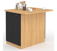 IDMarket - Ilot Central IVO 100 cm Bois façon hêtre Portes Noires avec Plan de Travail