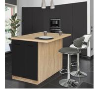 IDMARKET Ilot central IVO 100 cm bois façon hêtre portes noires avec plan de travail