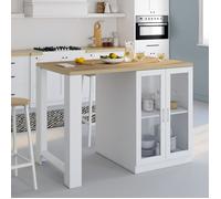 IDMARKET Ilot central LINO 120 cm 2 personnes bois blanc et plan de travail façon hêtre et portes vitrées