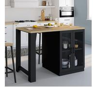 IDMARKET Ilot central LINO 120 cm 2 personnes bois noir avec plan de travail façon hêtre et portes vitrées