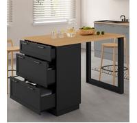 IDMarket - Ilot Central Mange-Debout 4 Personnes VITO 130 cm casserolier 3 tiroirs Noir et Plateau Bois