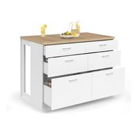 IDMarket - Îlot central mange-debout ORSO 120 cm - casserolier 6 tiroirs - blanc avec plateau bois