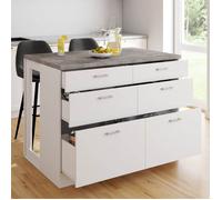 IDMarket - Ilot Central Mange-Debout Orso 120 cm casserolier 6 tiroirs Blanc avec Plan de Travail Effet béton