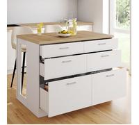 IDMarket - Îlot central mange-debout ORSO 120 cm - casserolier 6 tiroirs - blanc avec plateau bois