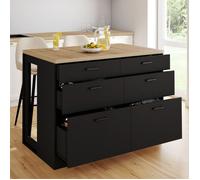 IDMarket Ilot central mange-debout Orso 120 cm 6 tiroirs Noir plan de travail façon hêtre