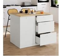 IDMARKET Ilot central TIBO 110 cm casserolier 3 tiroirs bois blanc avec plan de travail façon hêtre