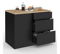 IDMarket - Ilot Central TIBO 110 cm casserolier 3 tiroirs Bois Noir avec Plan de Travail façon hêtre