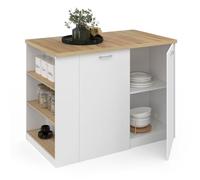 IDMarket – Îlot central TIBO 120 cm bois blanc avec plan de travail façon hêtre