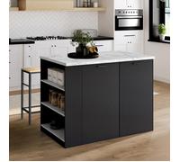 IDMarket - Ilot Central TIBO 120 cm Bois Noir avec Plan de Travail Effet marbre Alaska