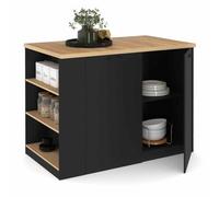 IDMarket - Ilot central TIBO 120 cm bois noir avec plan de travail façon hêtre