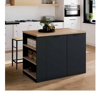 IDMarket - Ilot central TIBO 120 cm bois noir avec plan de travail façon hêtre