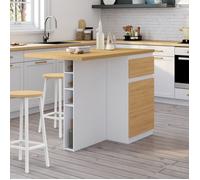 IDMARKET Ilot central TINO 120 cm avec range-bouteilles 4 personnes bois blanc avec plan de travail façon hêtre