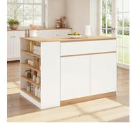 IDMarket - Ilot Central TOMI 130 cm 2 Personnes Double Plateau Bois Blanc avec Plan de Travail façon hêtre