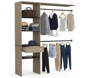 IDMarket - Kit dressing MELINE 160 x 40 x 180 cm hêtre avec étagères noires + tiroir + double penderie