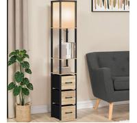 IDMarket - Lampadaire industriel en bois noir avec étagères bois clair 3 tiroirs tissu UTAH et abat-jour carré blanc