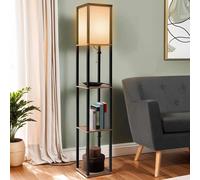 Idmarket Lampadaire Industriel En Bois Noir Avec Étagères En Bois Clair Et Abat-Jour Carré Blanc