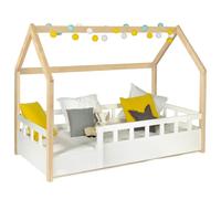 Lit Cabane Enfant 80 X 160 Cm Neree Blanc Et Hêtre Avec Sommier Et Barrières Multicolore