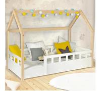 IDMARKET Lit cabane enfant 80 x 160 CM NEREE blanc et hêtre avec sommier et barrières