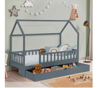 Lit Cabane Enfant 80 X 160 Cm Neree Gris Avec 1 Tiroir Gigogne Et De Rangement Gris