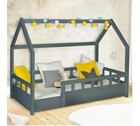 IDMarket - Lit cabane Enfant 80 x 160 cm NEREE Gris avec sommier et barrières