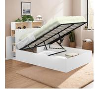IDMarket - Lit Coffre Double Clyde avec tête de lit + rangements et sommier 140 x 190 cm Blanc et façon hêtre