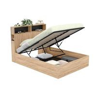 IDMarket - Lit Coffre Double Clyde avec tête de lit + rangements et sommier 140 x 190 cm façon hêtre et Noir