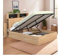 Lit Coffre Double Clyde Avec Tête De Lit + Rangements Et Sommier 140 X 190 Cm Façon Hêtre Et Noir Noir