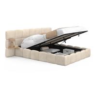IDMarket - Lit Coffre Double Nuage avec tête de lit matelassée + Tables de Chevet intégrées et sommier 140 x 190 cm Velours Beige