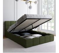 IDMarket - Lit Coffre Double Nuage avec tête de lit matelassée et sommier 140 x 190 cm Tissu Bouclette Vert Kaki