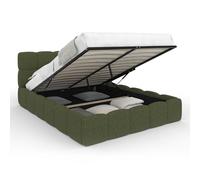 IDMarket Lit coffre double NUAGE – tête matelassée sommier 140x190 cm tissu bouclette vert kaki