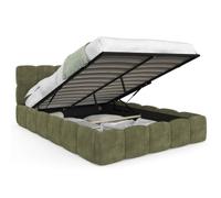 IDMarket Lit coffre double NUAGE – tête matelassée sommier 140x190 cm tissu bouclette vert kaki