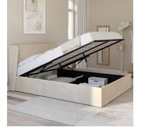 IDMARKET Lit coffre double OREA avec tête de lit enveloppante à oreilles et sommier 140 x 190 cm velours beige