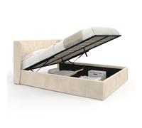 IDMarket - Lit Coffre Double OREA avec tête de lit enveloppante et sommier 140 x 190 cm Velours Beige