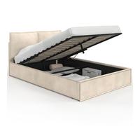 IDMarket - Lit Coffre Double Pilou 140 x 190 cm Velours Beige | Avec tête de lit oreiller et sommier