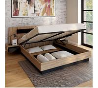 IDMARKET Lit coffre double SANTA avec tête de lit + tables de chevet intégrées et sommier 160 x 200 cm bois et noir