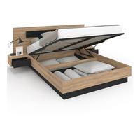 Lit Coffre Santa Avec Tables De Chevets Intégrées Et Sommier 140x190cm Couleur Bois Et Noir