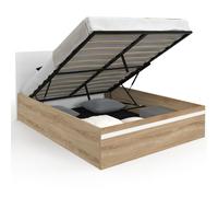 IDMarket - Lit Coffre Double Seaside avec tête de lit et sommier 140 x 190 cm façon hêtre et Blanc