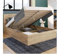 IDMarket - Lit Coffre Double Seaside avec tête de lit et sommier 160 x 200 cm façon hêtre