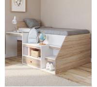 IDMarket Lit combiné Leopold avec sommier, bureau et rangement 90 x 190 cm hêtre et blanc