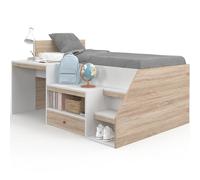 IDMarket - Lit combiné avec sommier, Bureau et Rangement Leopold 90 x 190 cm hêtre et Blanc