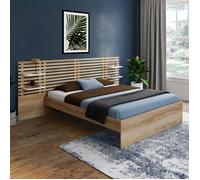 IDMARKET Lit double AMALIA avec tête de lit, étagères suspendues et sommier 140 x 190 cm hêtre et blanc