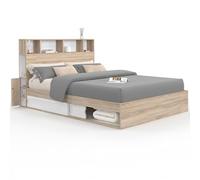 IDMarket - Lit double Clem 140 x 190 cm avec rangements, tête de lit et sommier hêtre et blanc
