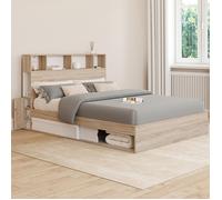 IDMARKET Lit double CLEM avec rangements + tête de lit et sommier 140 x 190 cm hêtre et blanc