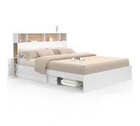 IDMarket - Lit Double Clem avec rangements + tête de lit et sommier 160 x 200 cm Blanc et hêtre