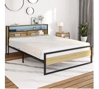 IDMARKET Lit double DETROIT LED intégrés dans la tête de lit et sommier 140 x 190 cm effet bois et métal noir design industriel