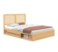 IDMarket - Lit Double EDHEN avec rangements + tête de lit Effet cannage Naturel et sommier 140 x 190 cm Coloris Bois