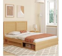 IDMARKET Lit double EDHEN avec rangements + tête de lit effet cannage naturel et sommier 140 x 190 cm coloris bois