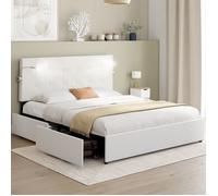 IDMarket – Lit double MAEL 140x190 cm avec tête capitonnée PVC blanc, liseuses, sommier & 2 tiroirs